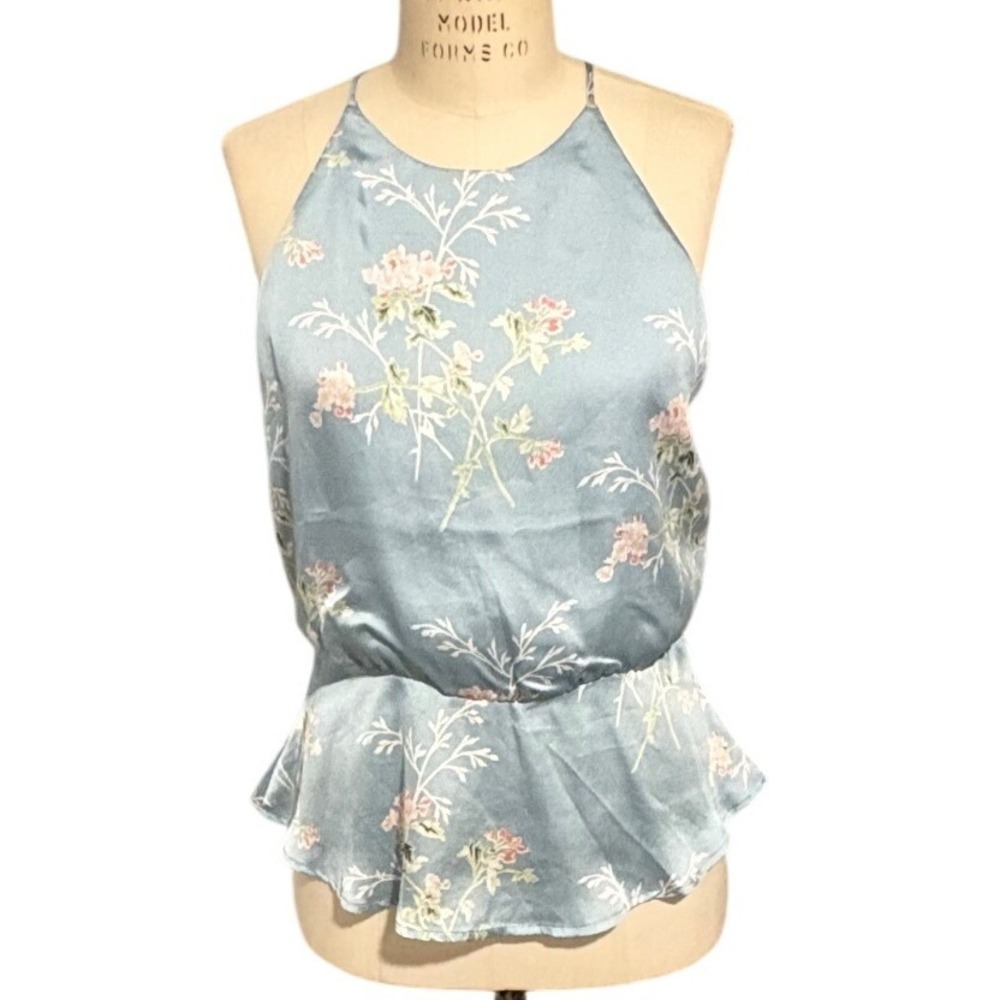 Lush Blue Floral Satin Peplum Halter Top Sleeveless High Neck Medium Cottagecore